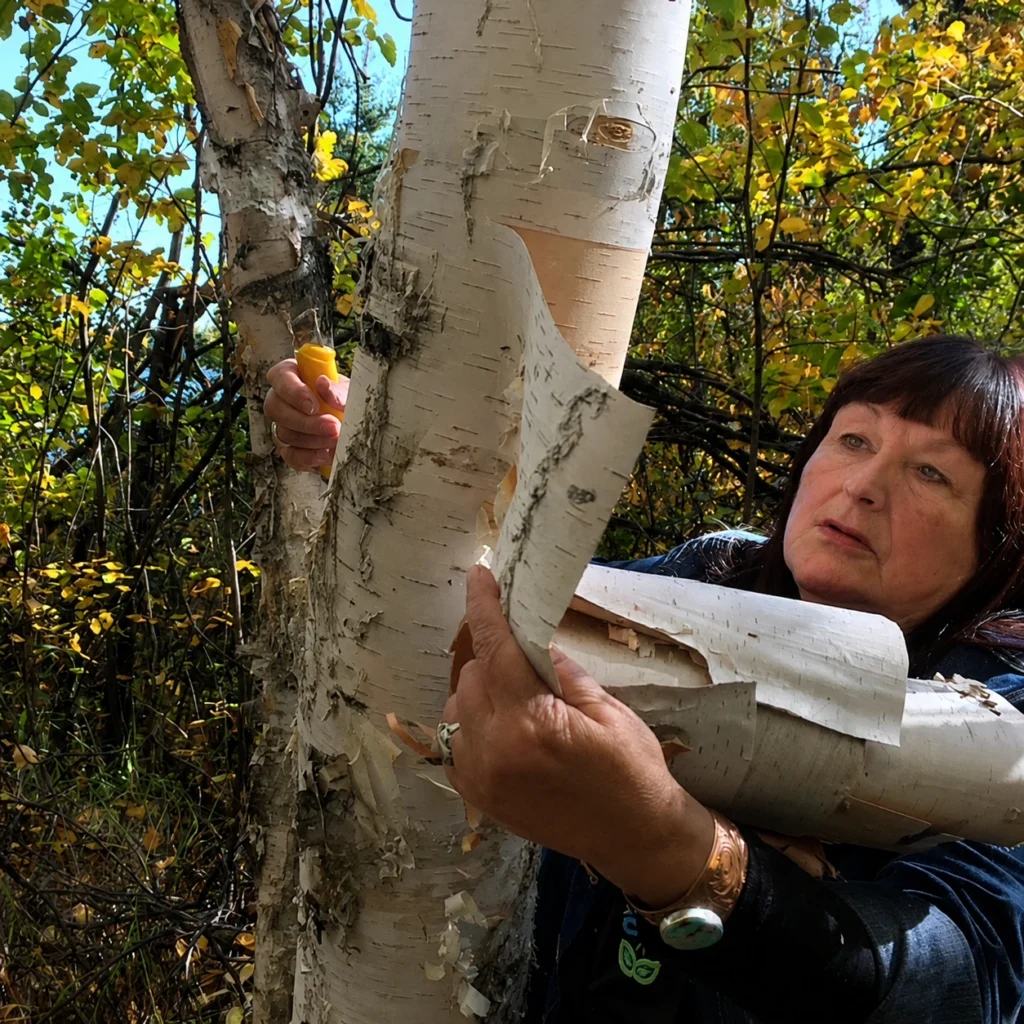 Pat harvesting birch bark